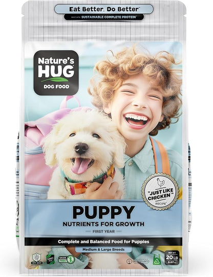 Nature's HUG Dry Dog Food, Puppy-Medium & Large Breeds, 20 lb. Bag, Chicken Flavor Plant-Based Protein Vegetarian Kibble, Grain-Free, Allergen-Free, Complete Protein & Balanced Nutrition