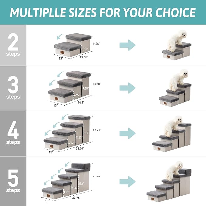 Dog Stair for Small Dogs with Storage, 17.7" H Foldable Pet Step with Soft Leakproof Cover, Older Cat Ramp for Couch Sofa Bed, Lightweight, Comfort, 33x13x17.7 inch, 4 Tiers Grey