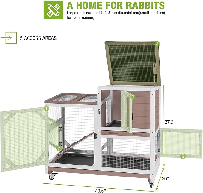 GUTINNEEN Rabbit Hutch Indoor 2 Story with 5 Doors, Outdoor Bunny Cage with Movable Wheels and Easy Clean Trays for Guinea Pig Cage 39.37" L