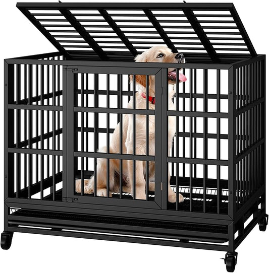 Shintenchi 38 inch Heavy Duty Crates for Large Dog, Indestructible and Escape-Proof Cage Kennel with Lockable Wheels, Double Door High Anxiety with Removable Tray, Black