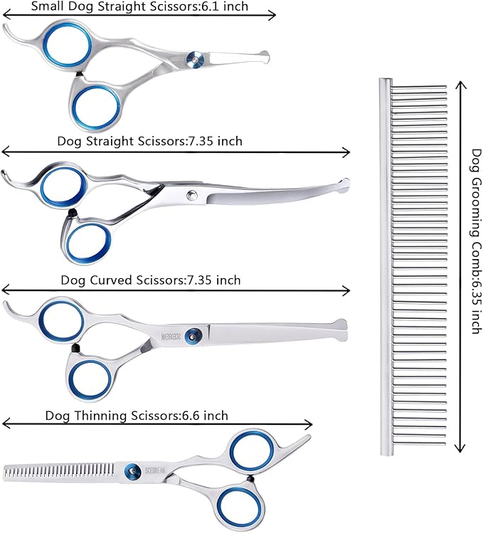 Dog Scissors - 6 in 1 Pet Grooming Set, Curved Tips, Blue