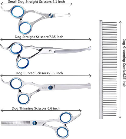 Dog Scissors - 6 in 1 Pet Grooming Set, Curved Tips, Blue