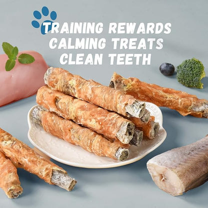Chicken Wrapped Cod Fish Skin Stick Dog Treats, Healthy High Protein Omega3 Cod Twist Dog Chews Real Chicken Wrap Teeth Cleaning for Large Medium Small Pets 10.5 OZ
