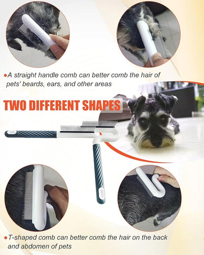 2 PCS Pet Comb with Long & Short Stainless Steel Teeth,Flea and Tick Comb for Dogs & Cats,Pet Grooming Brush for Short&Long Hair,2 different shapes with Rubber Handle