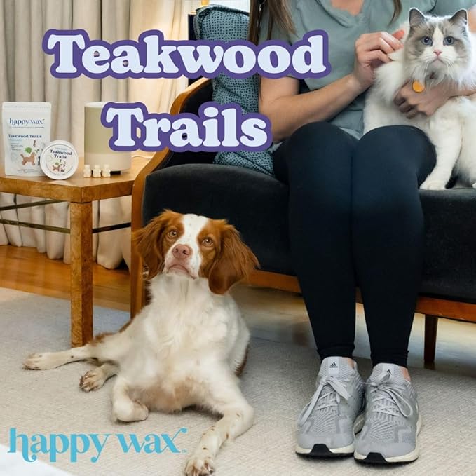 Happy Wax Teakwood Trails Wax Melts for Pet Owners  Odor Eliminating, Calming, Pet-Safe, Non-Toxic, Dye-Free, Perfect for Use with Wax Warmers - 4 oz Pouch