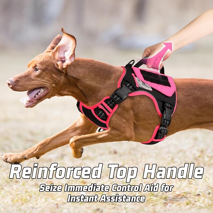 WINGOIN Tactical Dog Harness for Large Dogs, No Pull Harness with Handle Pockets Poop Bag, Reflective Dog Vest, Military Service Heavy Duty Big Dog Harness for Walking Hiking Training, Black Pink, L