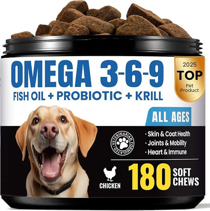 Fish Oil for Dogs – Dog Fish Oil Supplement with Salmon Oil from 8 Deep-Sea Fish, Rich in DHA & EPA for Skin & Coat Health, Allergy Relief, MSM, Plus Probiotics for Gut – 180 Soft Chews