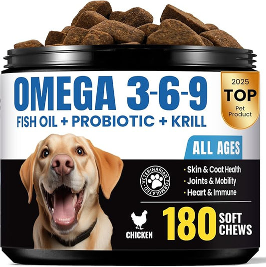 Fish Oil for Dogs – Dog Fish Oil Supplement with Salmon Oil from 8 Deep-Sea Fish, Rich in DHA & EPA for Skin & Coat Health, Allergy Relief, MSM, Plus Probiotics for Gut – 180 Soft Chews