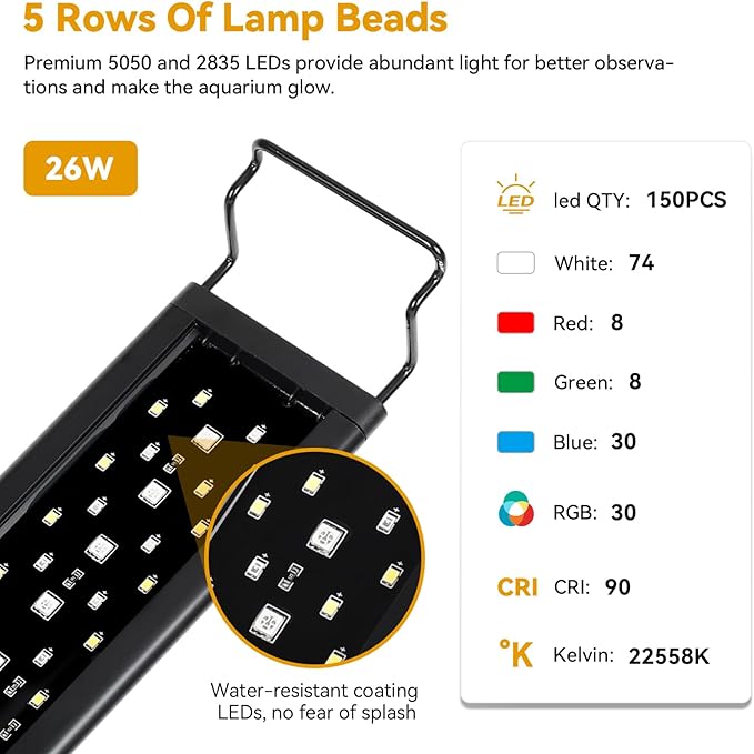 hygger 26W LED Aquarium Light, 30-36 Inch Fish Tank Light with Timer Auto On/Off, Sunrise Sunset Mode, Adjustable Brightness and Colors, Full Spectrum Light with Extendable Brackets for Freshwater