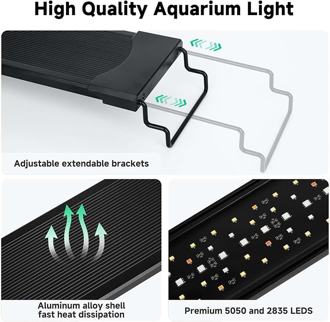 AQQA LED Aquarium Light, 24/7 Mode IP68 Waterproof Extendable Bracket Fish Tank Light, DIY Mode Full Spectrum Aquarium Plant Light, Adjustable Timer/Brightness Memory Function for 40-48 Inch Fish Tank