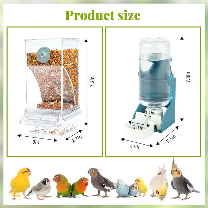 Rypet No Mess Bird Water Feeder Dispenser Set Automatic Bird Feeder Transparent Food Container Cage Acrylic Parrot Feeders Accessories for Small Birds Parrot Cockatoo Canary