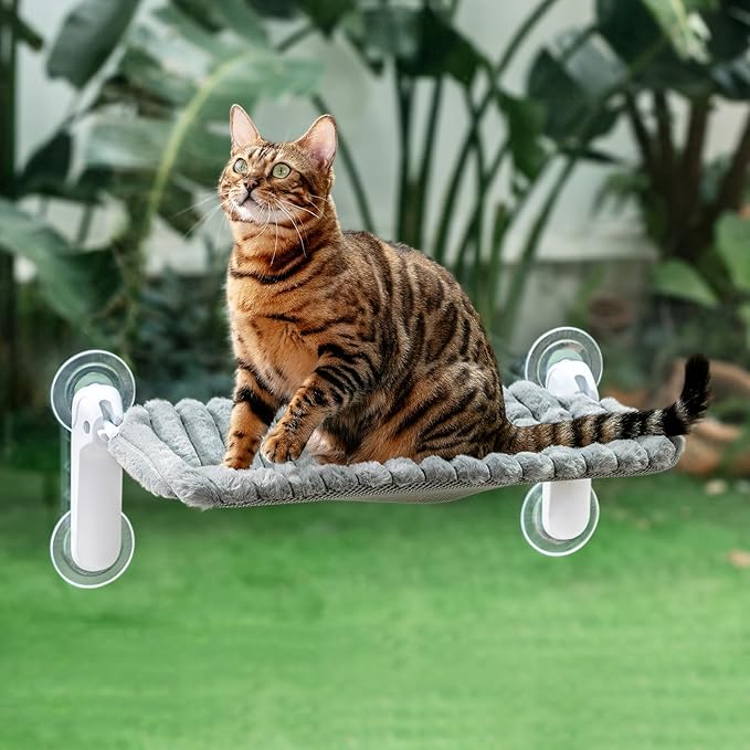Sunhoo Cat Window Perch Hammock Foldable Kitten Bed Windowsill Seat with Suction Cup for Large Indoor Cats Inside Kitty Window Sill Ledge Shelf Hold Up to 40lbs Machine Washable 21.26*11.8in(Grey, M)