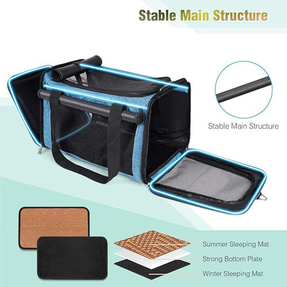 YUDODO 25 lbs Lightproof Pet Carriers Airline Approved Dog Cat Travel Soft Sided Carrier Reflective Mesh Safe Pet Cat Carrier Foldable Portable Small Animal Rabbit Puppy Cat Carrier (Large, Lake blue)