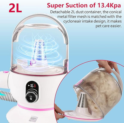 IDEALHOUSE Dog Hair Vacuum and Grooming Kit, 2L Dust Cup with 5 Grooming Tools, High Suction Power for Shedding Pet Hair, Low Noise for Stress-Free Grooming, Home Cleaning, White and Cherry Blossom
