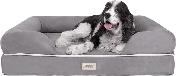 Friends Forever Large Dog Bed, Orthopedic Dog Sofa Memory Foam Mattress, Calming Dog Couch Bed, Wall Rim Pillow, Water Resistant Liner, Washable Cover, Non-Slip Bottom, Chester, Large Grey