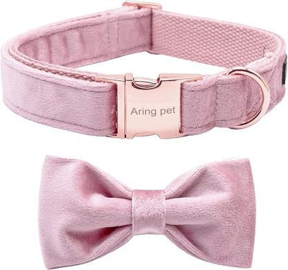 ARING PET Velvet Dog Collars with Bow tie, Bowtie Dog Collar, Cute Pink Collar for Girl and Boy Dogs,Large.