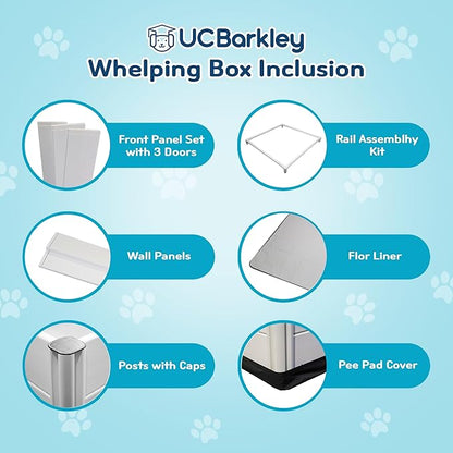 Whelping Box & Puppy Playpen – Upgraded Reinforced Design with Easy-Open Door, Pig Rails, Waterproof Pee Pad & Oxford Floor Liner – Indoor/Outdoor, Easy to Clean (White, Premium 36" x 36" x 18")