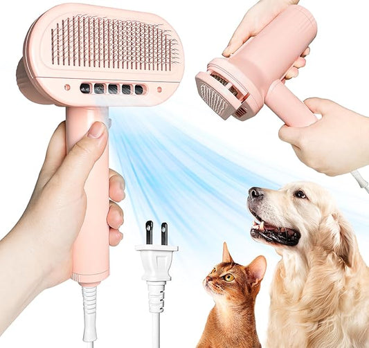 2-in-1 Pet Grooming Dryer and Brush - Overheating Protection, 3 Blowing Modes, Low Noise - Ideal for Small and Medium Dogs/Cats - Slim Handle (PINK)