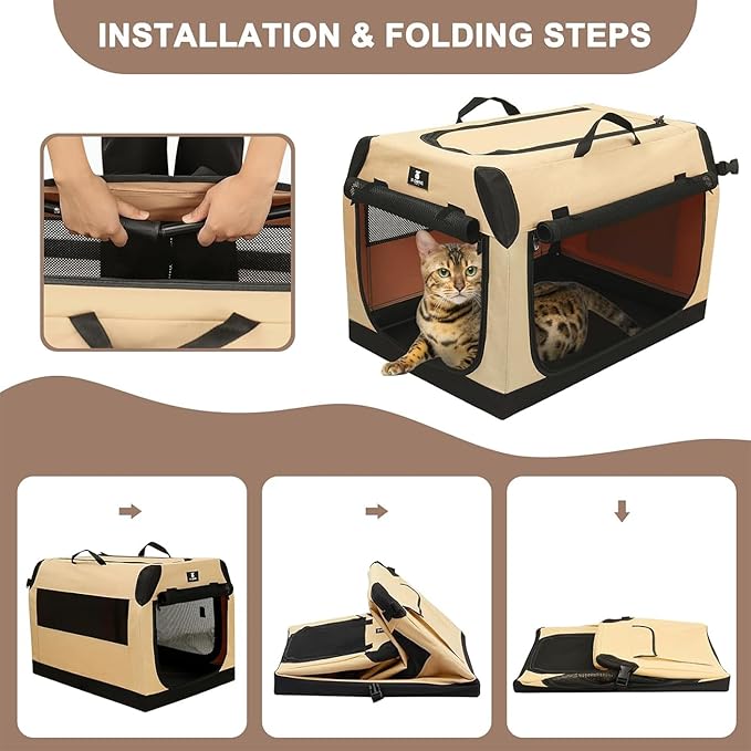 X-ZONE PET Dog Crate Travel Cage for Medium Dogs Portable Collapsible Cat Kennel with 3-Door Durable and Easy Clear Indoor & Outdoor Pet Home 32 '' Beige