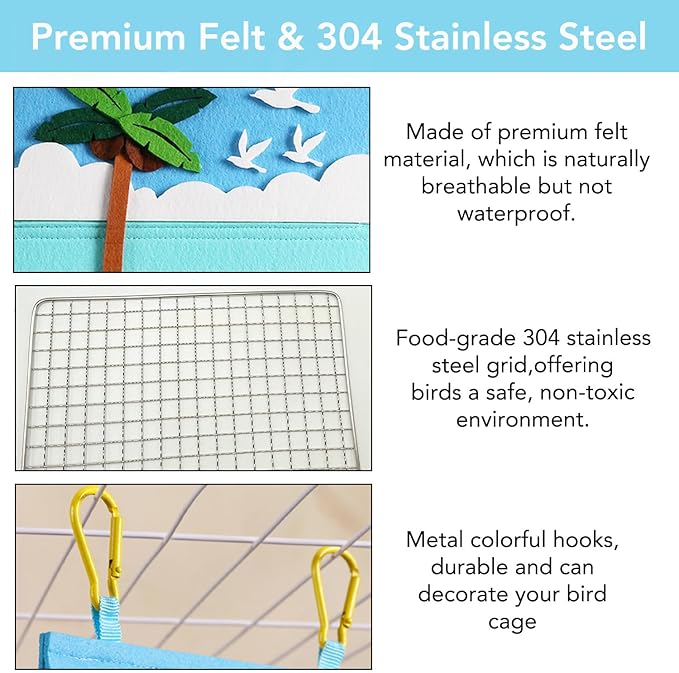 Felt Bird Bed for Cage with 304 Stainless Steel Grid - Large Size (9.4"x6.3"x8.3") - Hanging Hammock Swing Bird Tents for Parakeets, Budgies, Conures -Azure