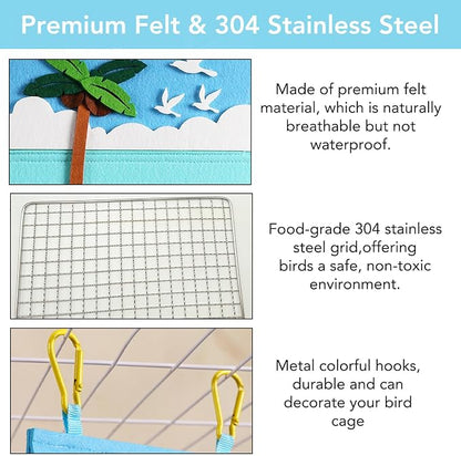 Felt Bird Bed for Cage with 304 Stainless Steel Grid - Large Size (9.4"x6.3"x8.3") - Hanging Hammock Swing Bird Tents for Parakeets, Budgies, Conures -Azure