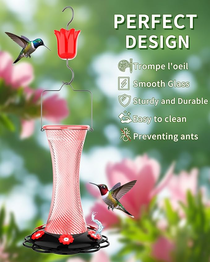 Hanging 20oz Glass Hummingbird Feeder with Moat, Small Outdoor Plastic Bird Feeder, Squirrel Proof, Ants, Outside Water Dispenser for Garden (Pink Glass Bird Feeder-2)