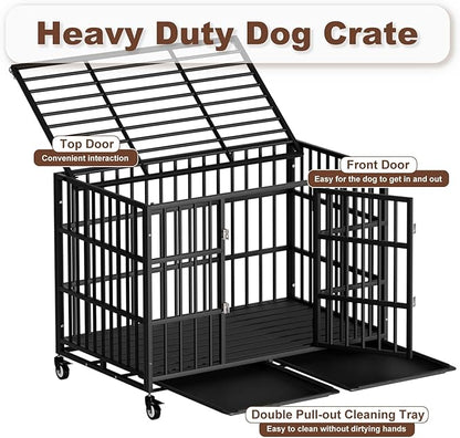 38 Inch Heavy Duty Dog Crate with Wheelsï¼_ndestructible Escape-Proof Dog Cage for Large Dogs, Extra Large XL XXL Indestructible Dog Crate with Removable Tray.