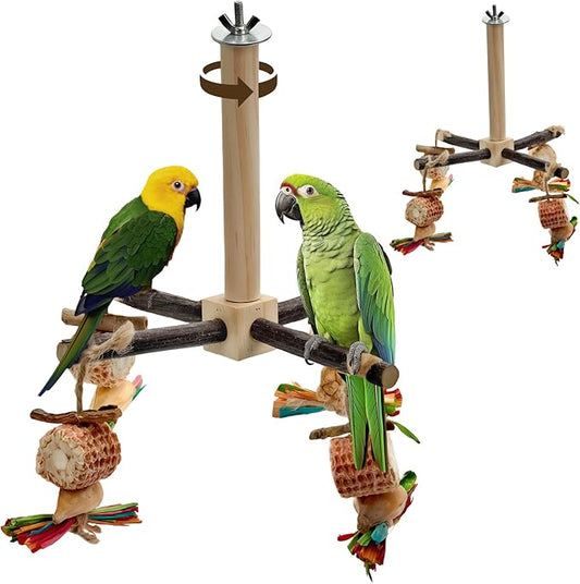 2-Pack 360° Rotating Parrot Perch Toy with Chew Toy, Natural Wooden Perch Stand, Bird Cage Accessory with Exercise Wheel for Small & Medium Birds Like Parrot Finches Muscicapidae etc, US