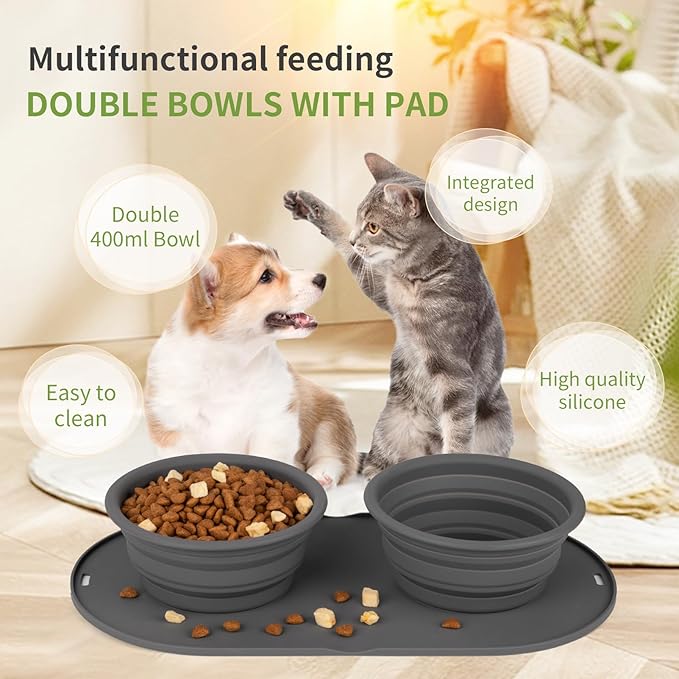 Puppy Dog Bowl,Travel Bowls Dog Food Bowls&Dog Water Bowls,No Spills,Collapsible Double Bowl,Suitable for Small and Medium Sized Dogs(Dark Grey)