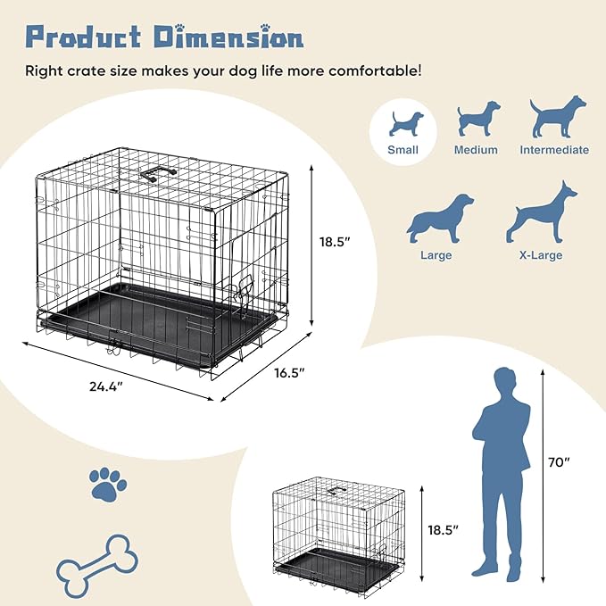 DUMOS Dog Crate, 24 Inch Medium Single Door Dog Cage with Divider Panel and Plastic Leak-Proof Pan Tray, Folding Metal Wire Pet Kennel for Indoor, Outdoor, Travel