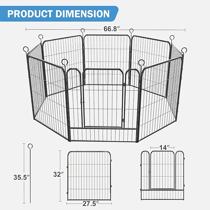 Dog Playpen 8 Panels 32'' Height Heavy Duty Dog Fence with Doors Outdoor Exercise Dog Fence for Large/Medium/Small Dogs Pets Playpen for RV, Camper, Yard