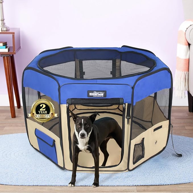 EliteField 2-Door Soft Pet Playpen (2 Year Warranty), Exercise Pen, Multiple Sizes and Colors Available for Dogs, Cats and Other Pets (52" x 52" x 32"H, Royal Blue+Beige)