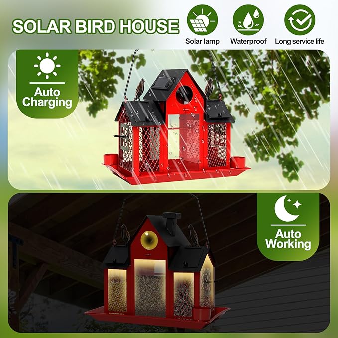 Solar Bird Feeders House for Outdoors Hanging, 7LBS Large Capacity Metal Wild Bird Feeder Squirrel Proof for Outside with Water Cup, Cardinal Birdfeeder Birdhouses Gift for Bird Lovers (Red)