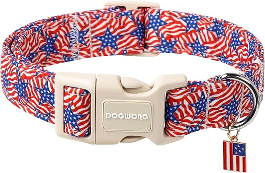DOGWONG American Flag Dog Collar, Patriotic Independence Day Dog Collar Soft Fabric Pet Dog Collars, Boy Red White and Blue Necklace for Small Medium Large Dogs