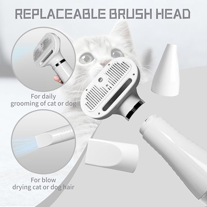 Spray Cat Brush for Shedding Pet Hair Dryer with Slicker Brush - Home Grooming Furry Portable Drying Blower for Short Straight Hair Cat - 3 in 1 Cleaning Brush for Cats and Dogs (white)