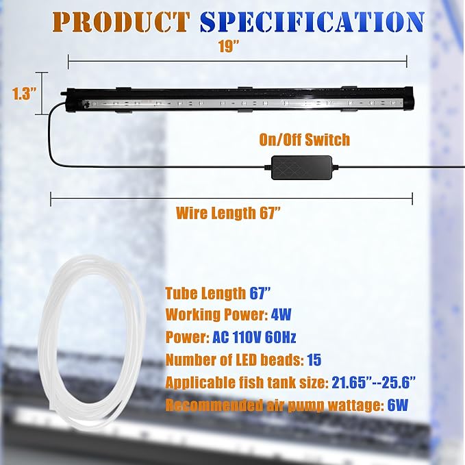 Smart App-Controlled LED Aquarium Light with 16 Million Colors, 12 Dynamic Effects, Fish Tank Light with Nano Air Bubble for Aquarium Bubbler Decorations, Submersible Fish Tank Accessories - 19''