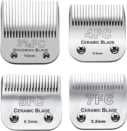 4pcs Dog Grooming Blades Compatible with Andis Dog Clippers,Detachable Ceramic Blade & Stainless Steel Blade (3FC+4FC+5FC+7FC)