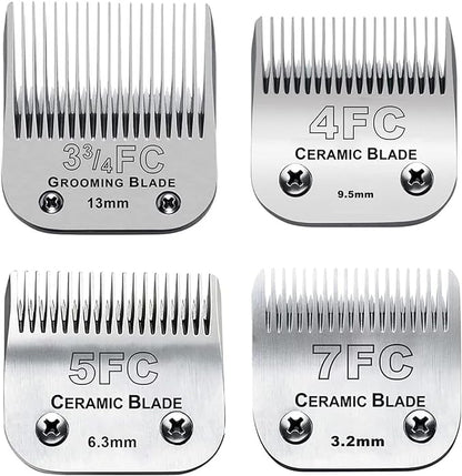 4PACK Dog Grooming Clipper Replacement Blades Compatible with Andis Pet Clipper/Oster A5/Wahl KM Series Dog Clipper,Ceramic Blade & Stainless Steel Blade (#3FC+4FC+5FC+7FC)