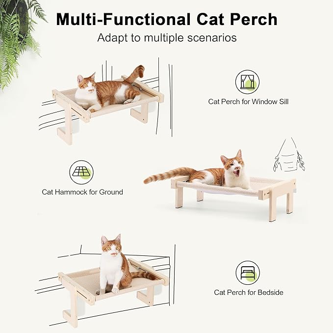 FUKUMARU Cat Window Perch, Transformable Cat Hammock for Windowsill and Floor, Cats Window Bed for Large Cats and Kittens, Reinforced Wood and Metal Frame, Easy to Adjust & Assemble Pet Pech Beds