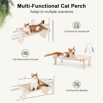 FUKUMARU Cat Window Perch, Transformable Cat Hammock for Windowsill and Floor, Cats Window Bed for Large Cats and Kittens, Reinforced Wood and Metal Frame, Easy to Adjust & Assemble Pet Pech Beds