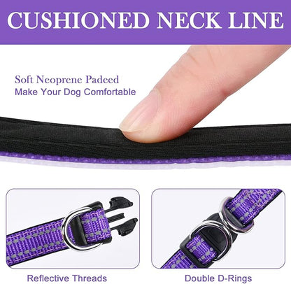 AUAUY Reflective Nylon Dog Collars, Adjustable Classic Pet Collars with Soft Neoprene Padding, Double Security Dual D-Ring and Quick Release Buckle for Small Puppy, Medium and Large Dogs (Purple-S)