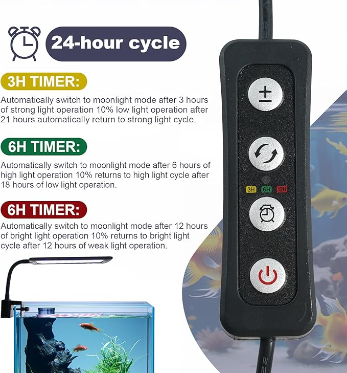 Clip-On LED Aquarium Light with Timer & Dimmable Brightness, 3 Lighting Modes, Flexible Gooseneck, Energy-Saving Fish Tank Lamp for 5-20 Gallon Betta, Nano & Planted Tanks