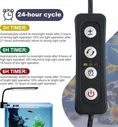 Clip-On LED Aquarium Light with Timer & Dimmable Brightness, 3 Lighting Modes, Flexible Gooseneck, Energy-Saving Fish Tank Lamp for 5-20 Gallon Betta, Nano & Planted Tanks