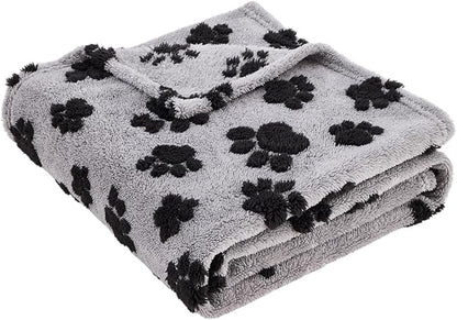 Qeils Jacquard Dog Blankets for Large Dogs, Cozy Calming Cat Blankets Washable, 280GSM Coral Fleece Plush Fluffy Throw Blanket, Black Paws, 30x40IN