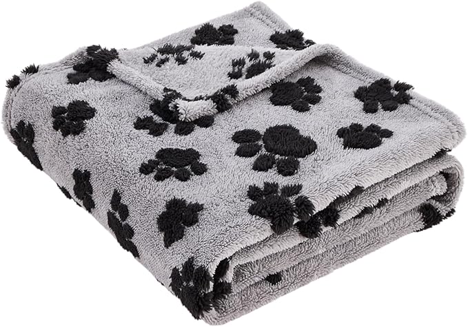 Qeils Jacquard Dog Blankets for Small Dogs, Cozy Calming Blanket for Indoor Cats, 280GSM Coral Fleece Plush Fluffy Throw Blanket, Black Paws, 25x30IN