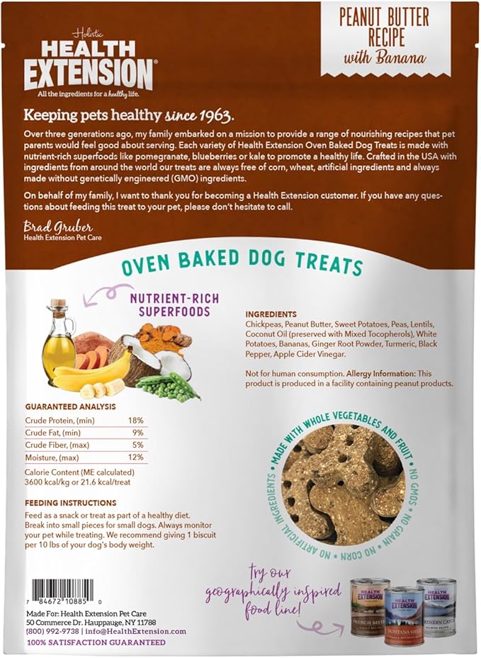 Health Extension Oven-Baked Dog Treats, 6oz (170g), Peanut Butter & Banana Recipe – Gluten & Grain-Free, Superfood-Infused, Crunchy Biscuits for Puppy Training (Pack of 6)