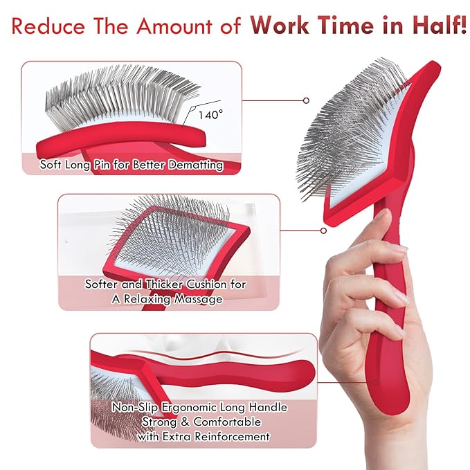 Dog Slicker Brush for Medium or Long Haired Dogs, Removes Loose Hair, Tangles and Knots, Best Grooming Brush for Small Animals, Free Pet Comb, Red