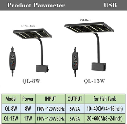 Carefree Fish Aquarium LED Light USB 5V RGBW 5730 Timmer 5~10Gal Fish Tank Clip Light 10 Brightness Levels 8W with USB Port (Include Power Adapter)