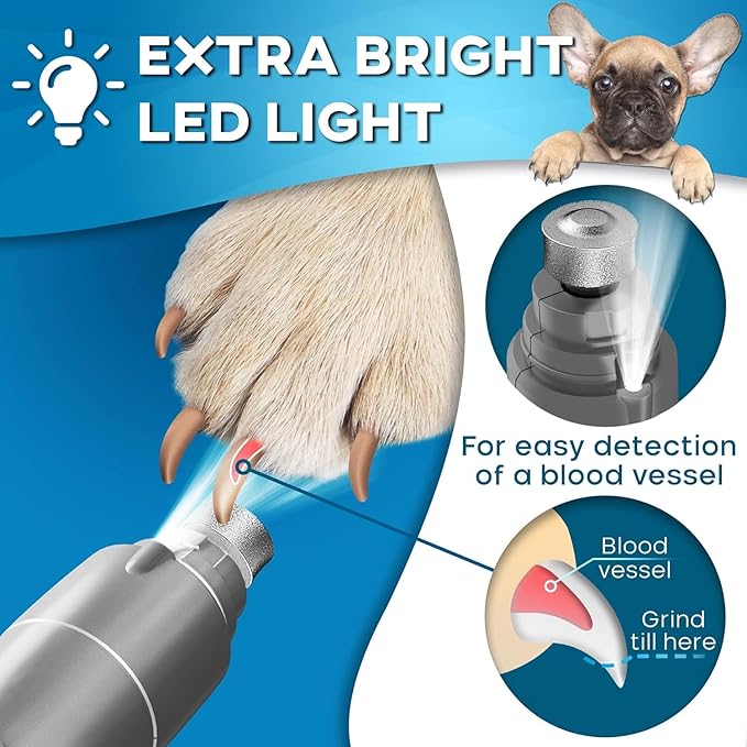 Low Vibration Dog Nail Grinder with LED Light  2-Speed Quiet Nail Trimmer for Small & Medium Dogs, Cats, and Other Pets Professional Grinder