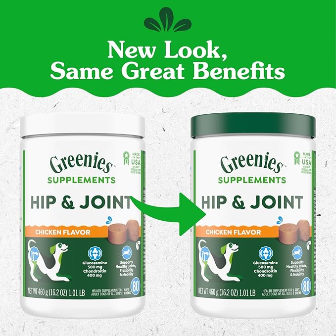 Greenies Supplements Hip and Joint Supplement for Dogs, Chicken Flavor, 80-Count Tub, Pack of 2